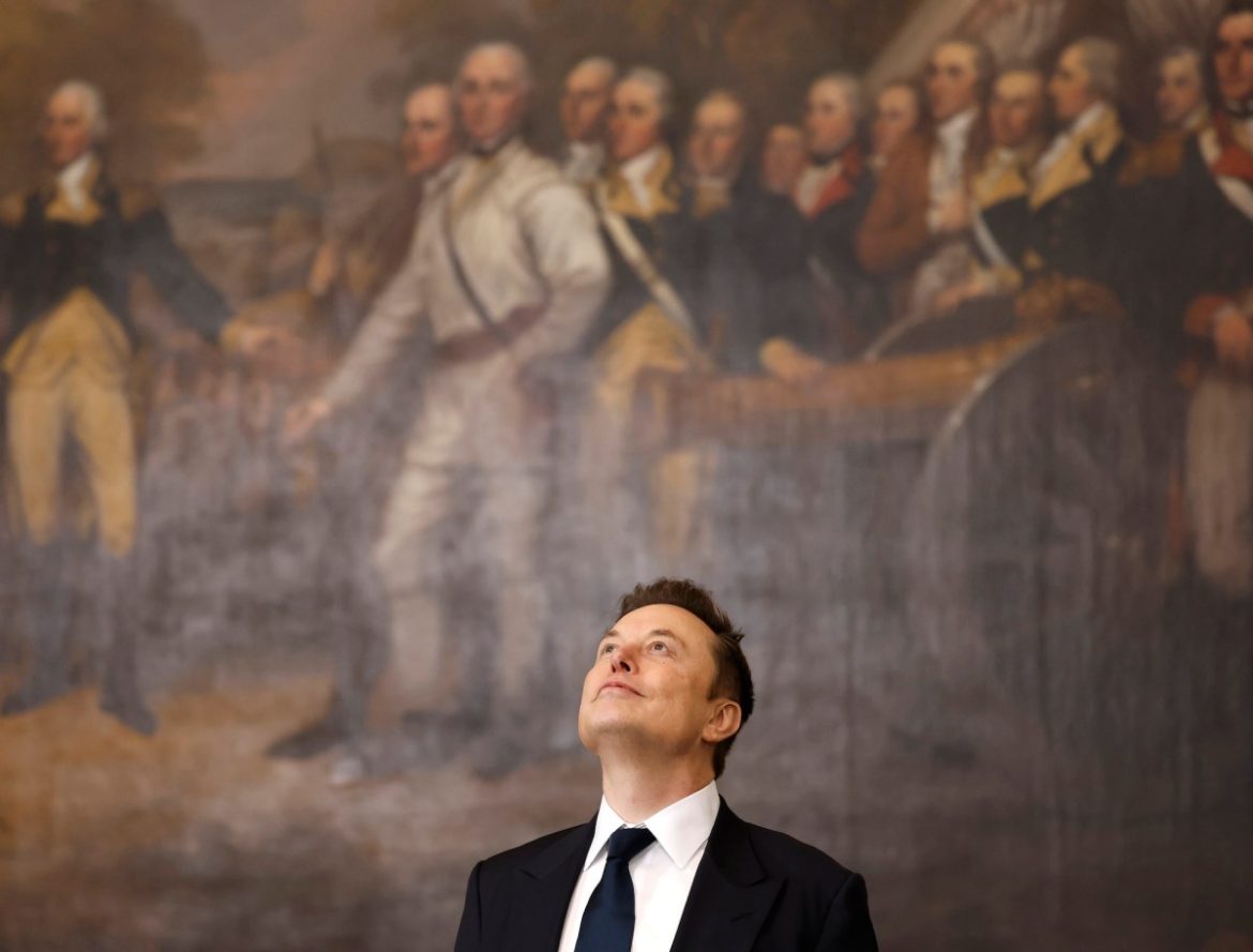 a photo of Elon Musk looking up at the ceiling while standing in front of a historical painting